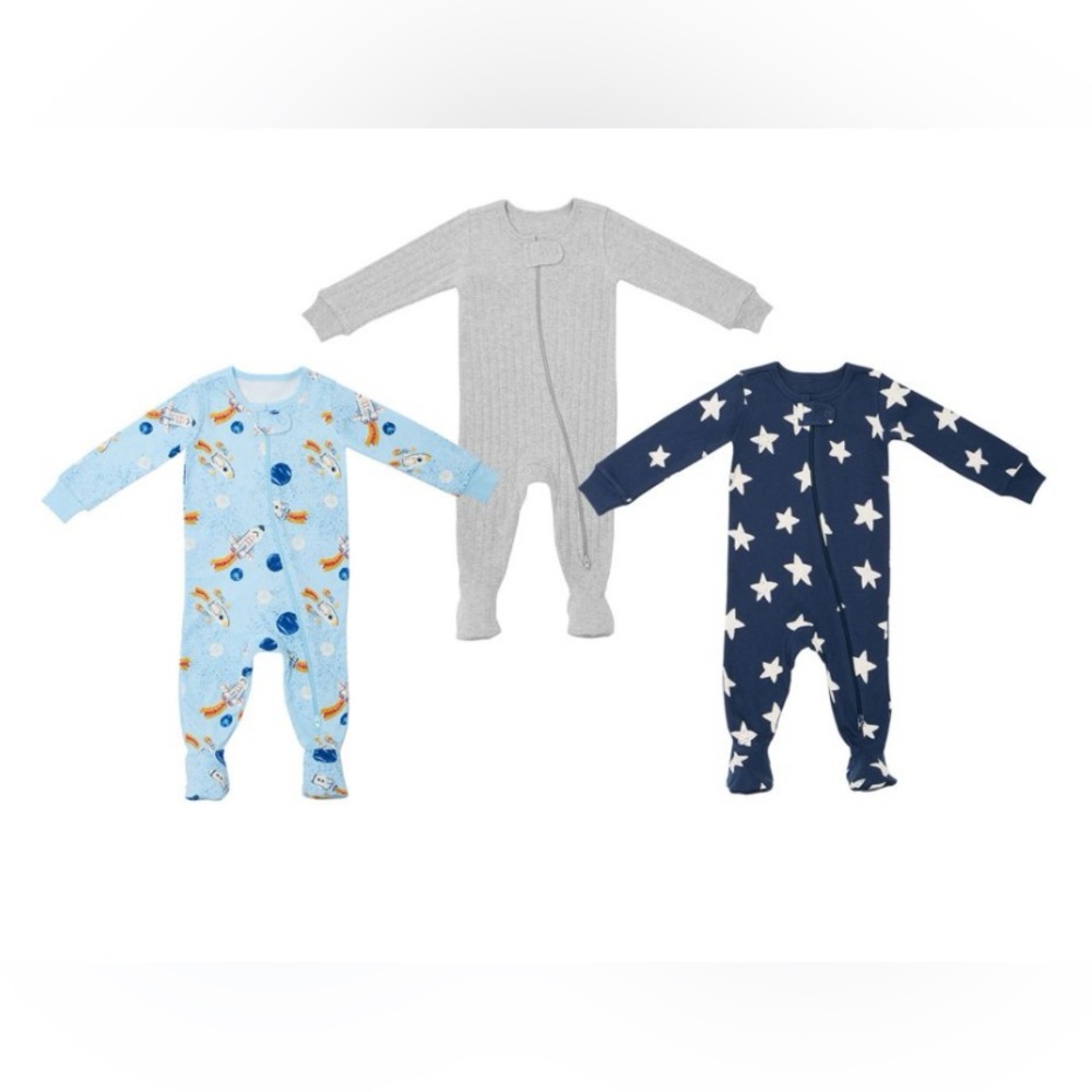 Member’s Mark Newborn Boys 3 Pc 100% Organic Cotton Footie Pajamas 2 Way Zipper